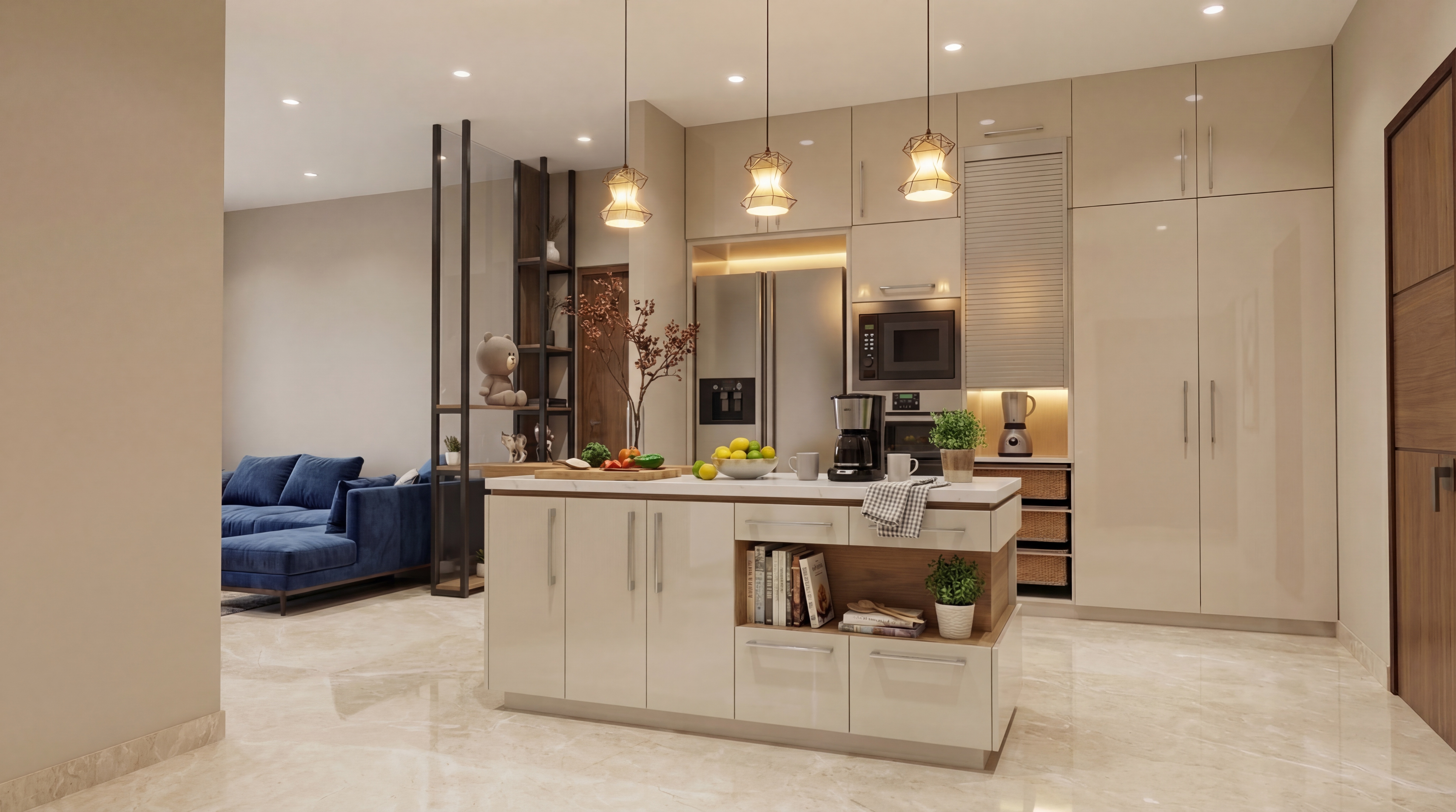 Contemporary sage green kitchen island cinematic interior render by YUVA Visuals