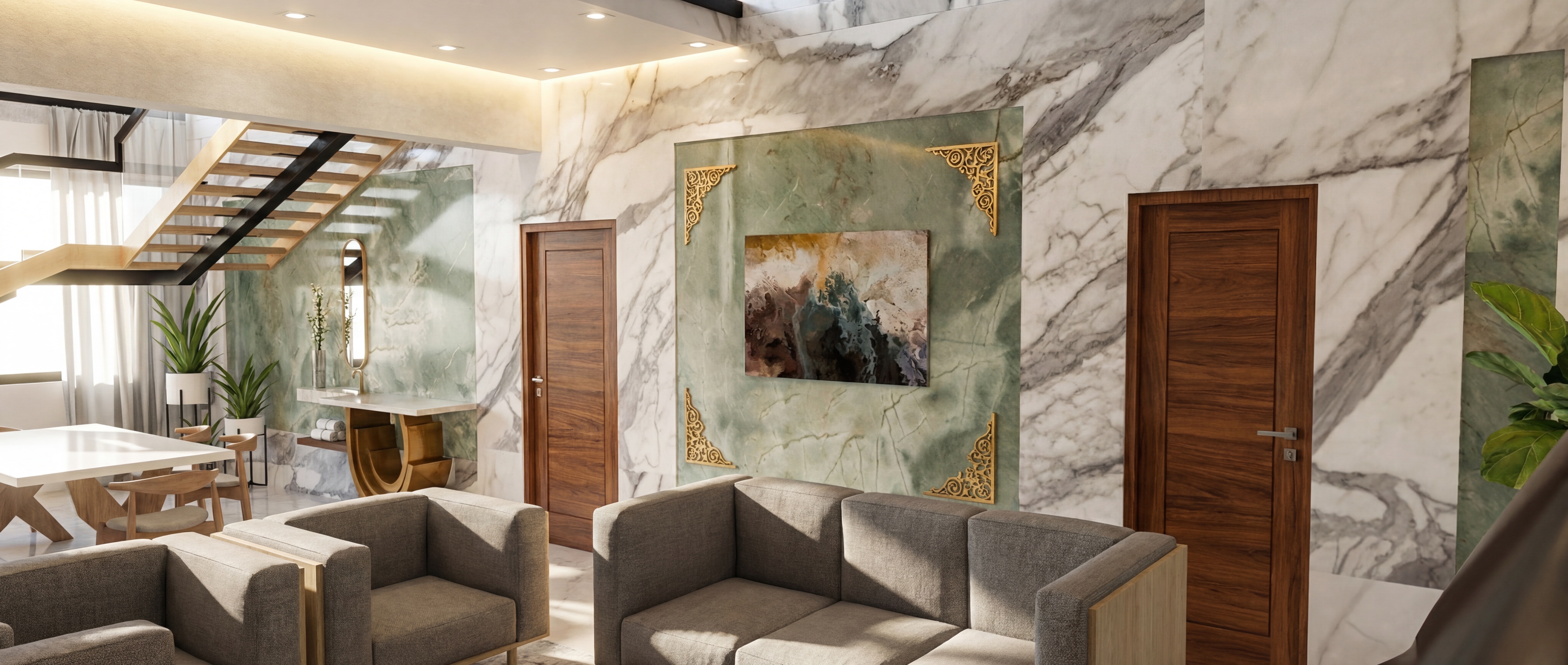 Grand marble lobby atrium photorealistic interior render with natural light by YUVA Visuals