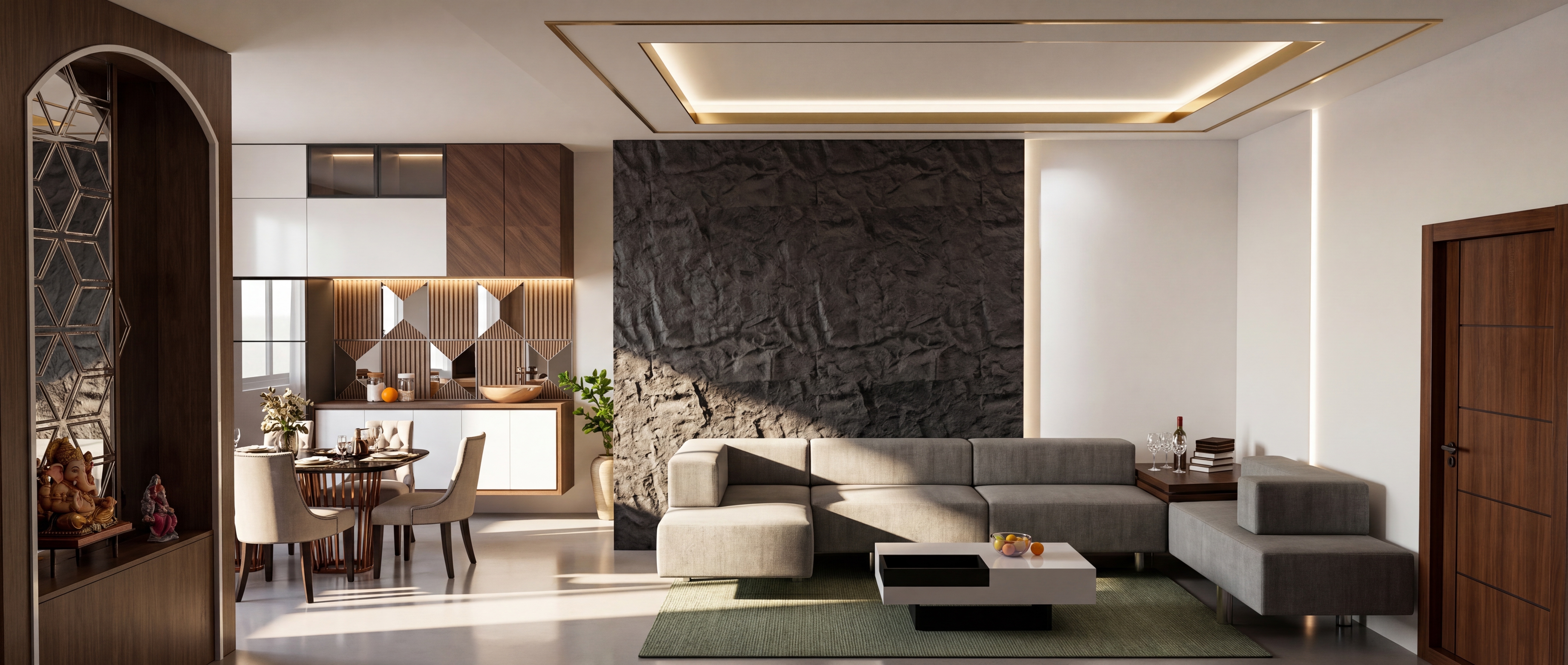 Modern earthy dining room cinematic architectural render with warm ambient lighting by YUVA Visuals