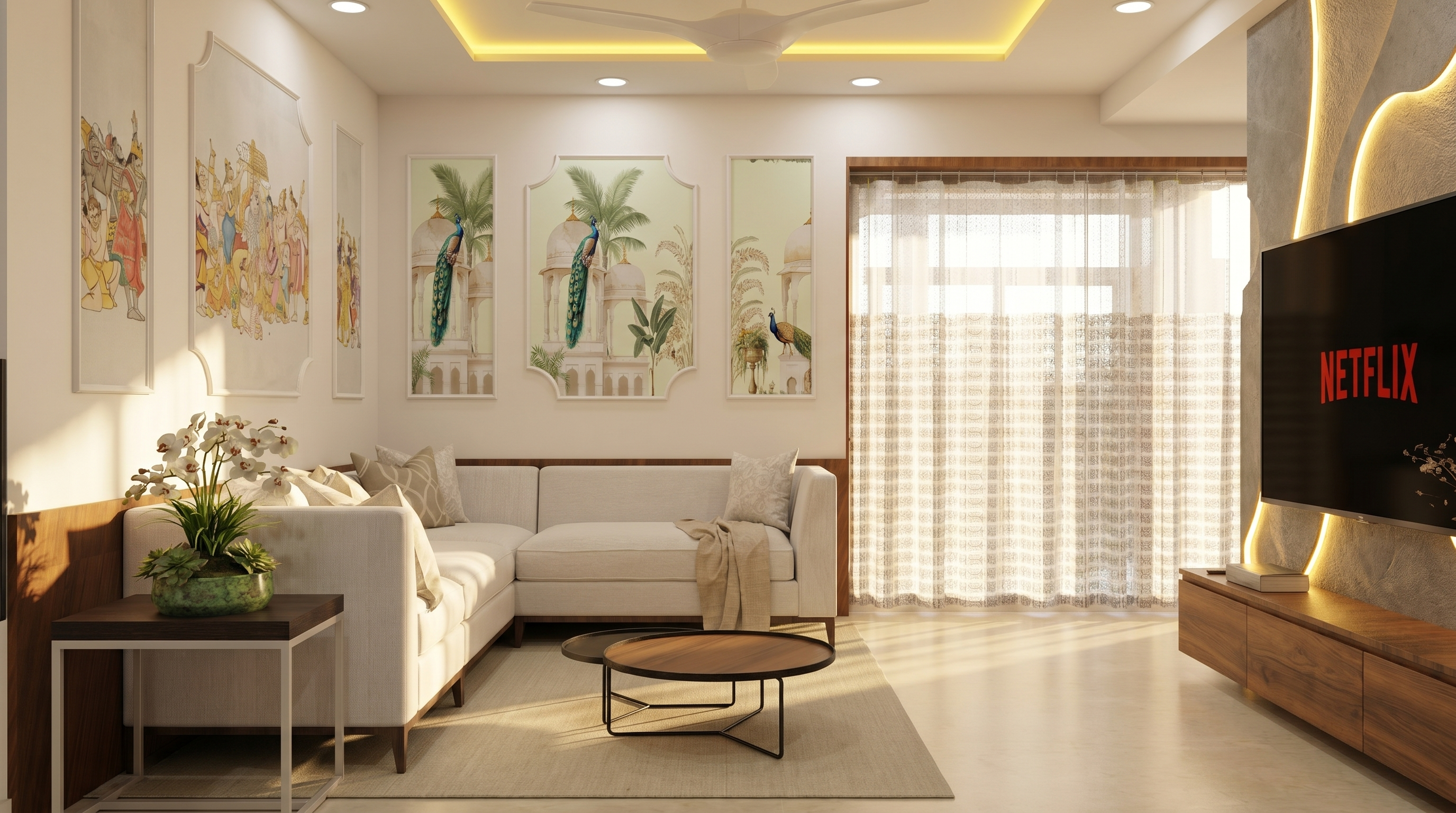 Luxurious peacock-themed lounge room photorealistic architectural visualization by YUVA Visuals