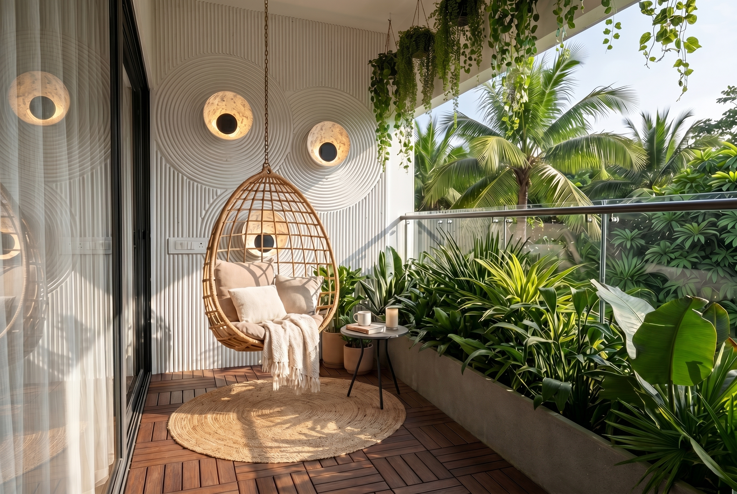 Tropical terrace balcony exterior cinematic architectural render with lush greenery by YUVA Visuals