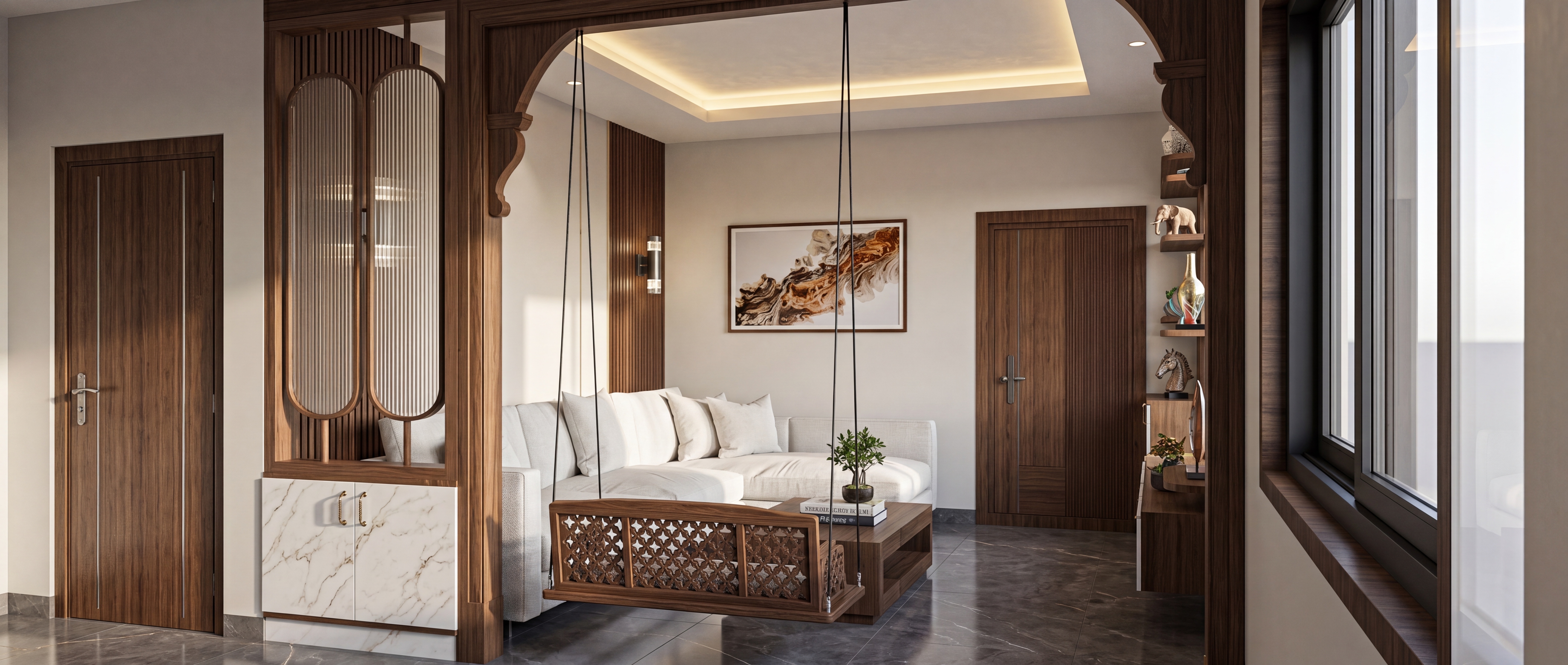 The Obsidian Lounge — Living Area — cinematic render